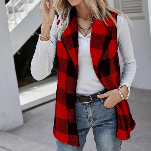 Teddy shearling waterfall open vest jack coat plaid buffalo black white - Picture 5 of 9